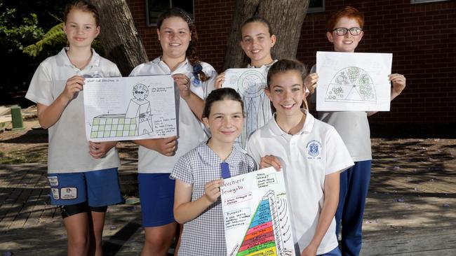 Year 6 students from Seaforth Public School with their work. Picture: Damian Shaw