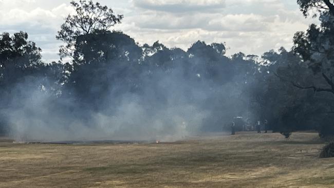 A second grass fire broke out near the Trio Sports Club in Cranbourne on Saturday afternoon. Picture: Jack Colantuono