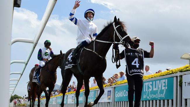 Hugh Bowman returns on Shaquero after winning the Magic Millions 2YO Classic. Picture: Trackside Photography