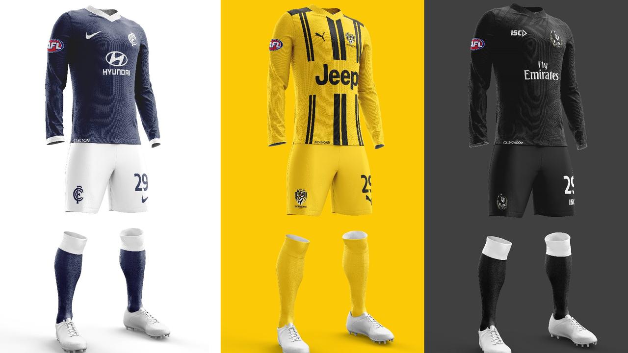Mock-ups of Carlton, Richmond and Collingwood soccer jerseys by Reddit user RictalCrayon9.