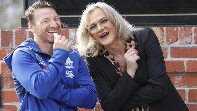 Former North Melbourne coach Danielle Laidley chats to Roos great Brent Harvey after returning to Arden Street. Picture: Alex Coppel