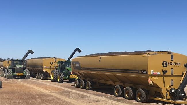 Large equipment, including 150 tonne mother bins, are used to improve efficiency on the Youngs' properties near Beverley, WA.