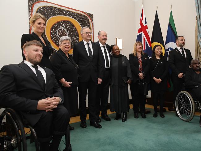 Anthony Albanese welcomes nine Everyday Australians including Dylan Alcott (L) at the Australian High Commission. Photo: Ella Pellegrini