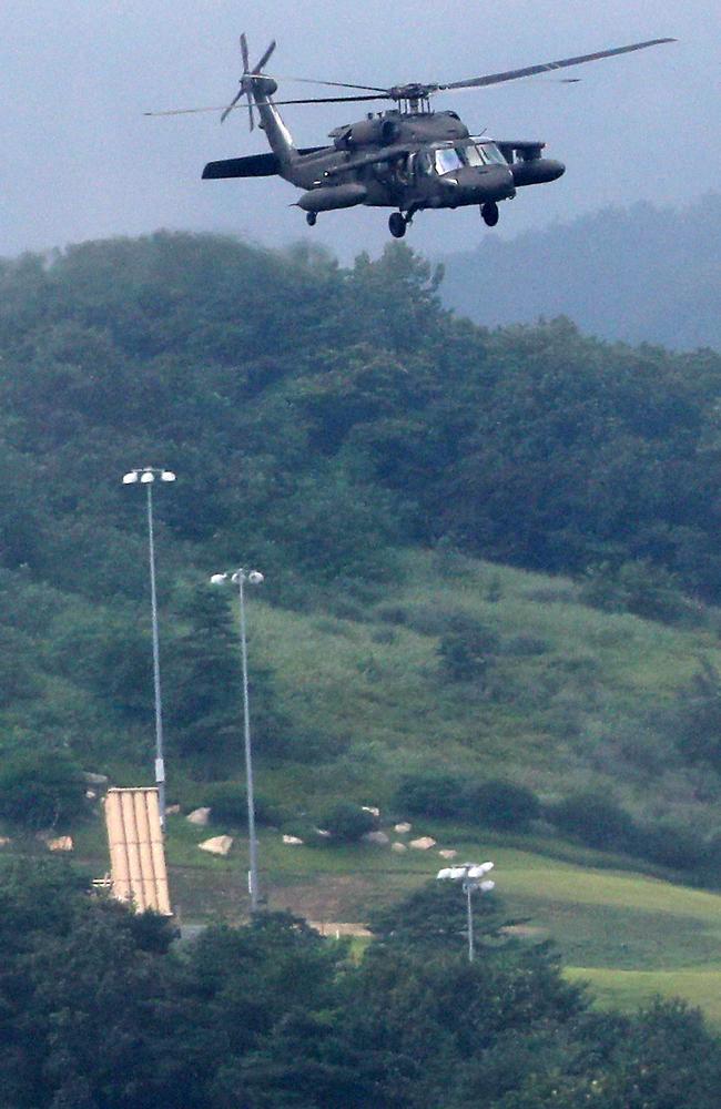 A US helicopter arrives at a US base in Seongju, North Gyeongsang Province, where the the advanced . anti-missile defense system THAAD battery has been deployed. Picture: Yonhap