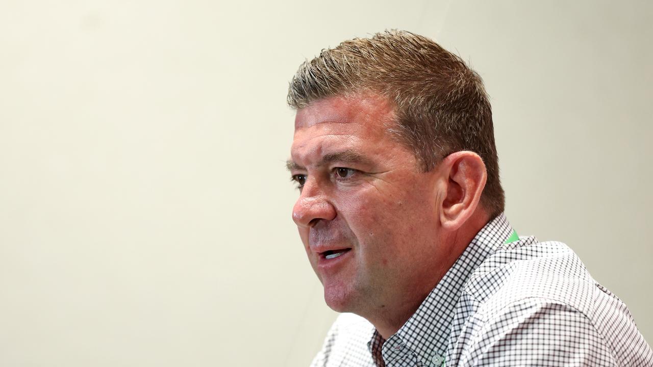 SYDNEY, AUSTRALIA – APRIL 13: Rabbitohs coach, Jason Demetriou speaks to the media following the round six NRL match between South Sydney Rabbitohs and Cronulla Sharks at Accor Stadium, on April 13, 2024, in Sydney, Australia. (Photo by Brendon Thorne/Getty Images)