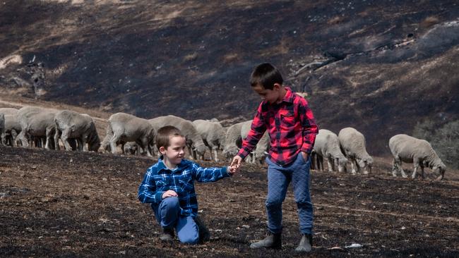 Rhys and Jayden playfully help their parents start rebuilding their property after fires tore through. Picture: Jason Edwards