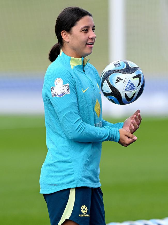 Sam Kerr is seen during an Australia Matildas training session in QLD. Picture: Bradley Kanaris/Getty Images