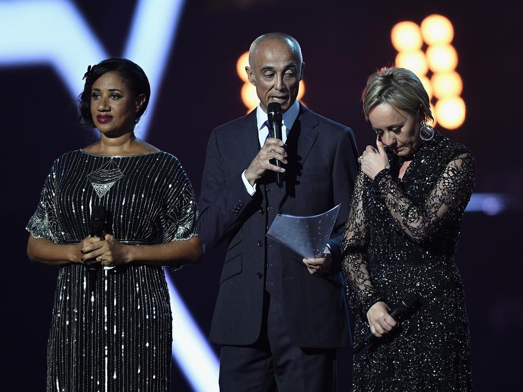 Pepsi DeMacque, Andrew Ridgeley and Shirlie Holliman present a tribute to George Michael on stage at The BRIT Awards 2017 at The O2 Arena on February 22, 2017 in London, England. Picture: Getty