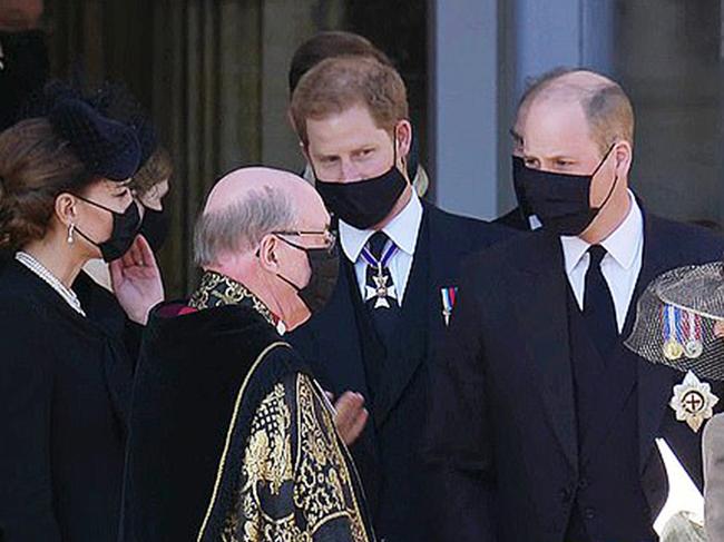 Prince Harry talked face-to-face with his brother in 15 months at Prince Philip’s funeral. Picture: BBC