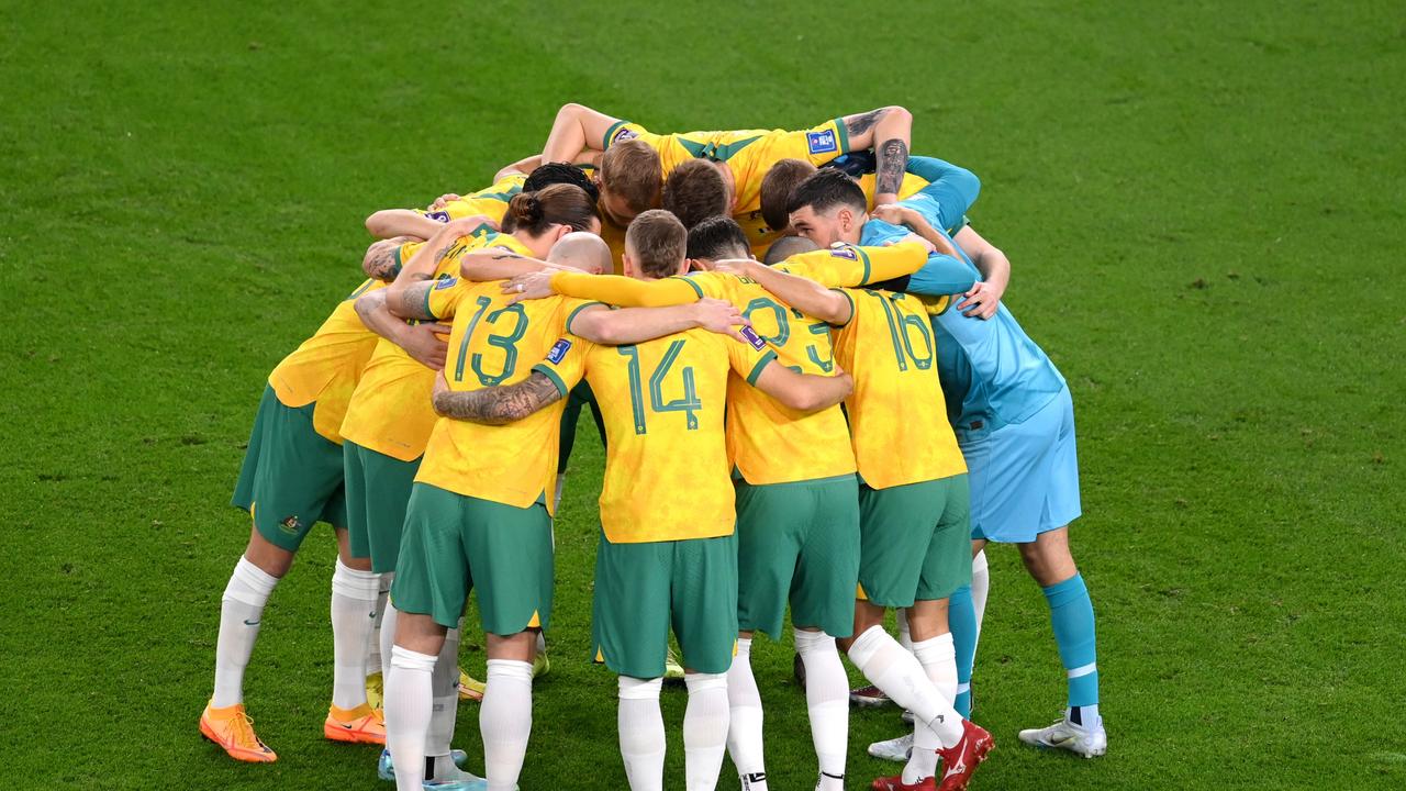Australian players huddle prior to the FIFA World Cup Qatar 2022 Group D match against France. Photo by Stu Forster/Getty Images.