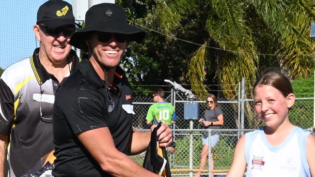 TOP TALENT: At the Ballina Hockey Club hockey clinic talented player Willow Davis was delighted to be presented with a Labrador shirt from Kookaburra Brent Livermore. Photo: Shez Napper