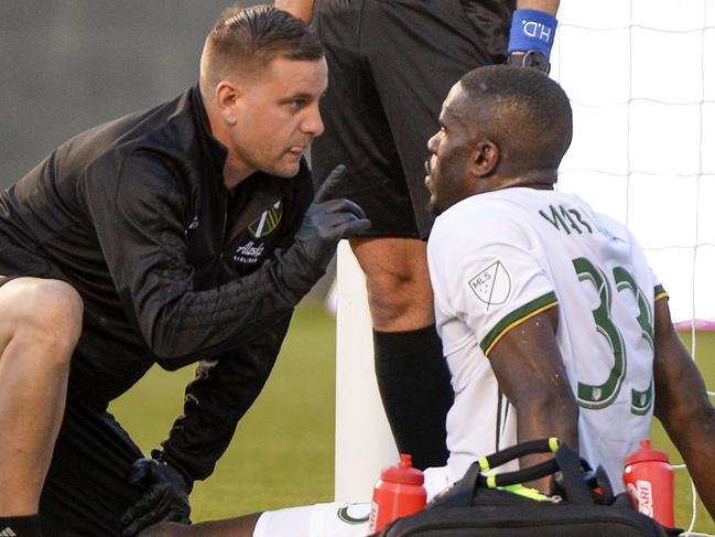 Major League Soccer player Larrys Mabiala is checked for concussion. Picture: AP