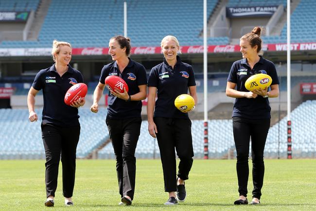 AFL Adelaide Crows Women players at AAMI Stadium: Courtney Cramey, Angela Foley(WA), Erin Phillips, and Sally Riley(WA). Picture: Dylan Coker