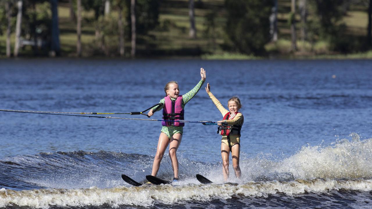 Water skiiers back on the water after coronavius restrictions. Hailey and Tyla Nicolson enjoy a ski on the Lake at Kurwongba. 2.05.2020 Picture: Renae Droop