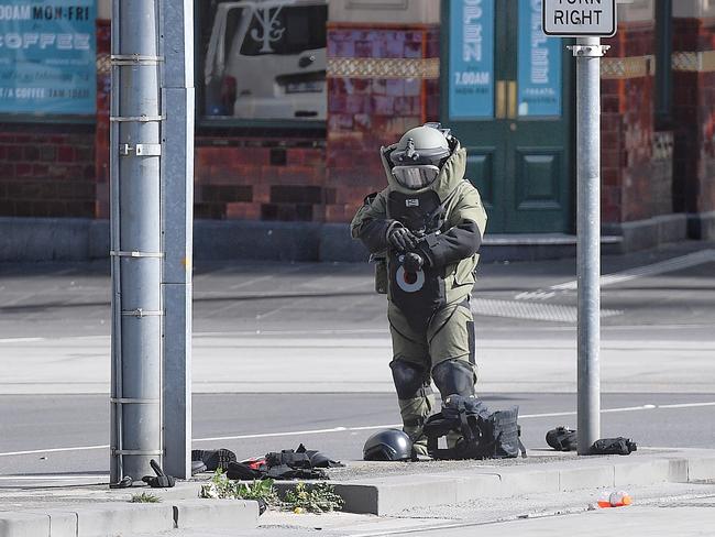 Police and bomb squad in Melbourne’s CBD following a police incident. Picture: Jason Edwards