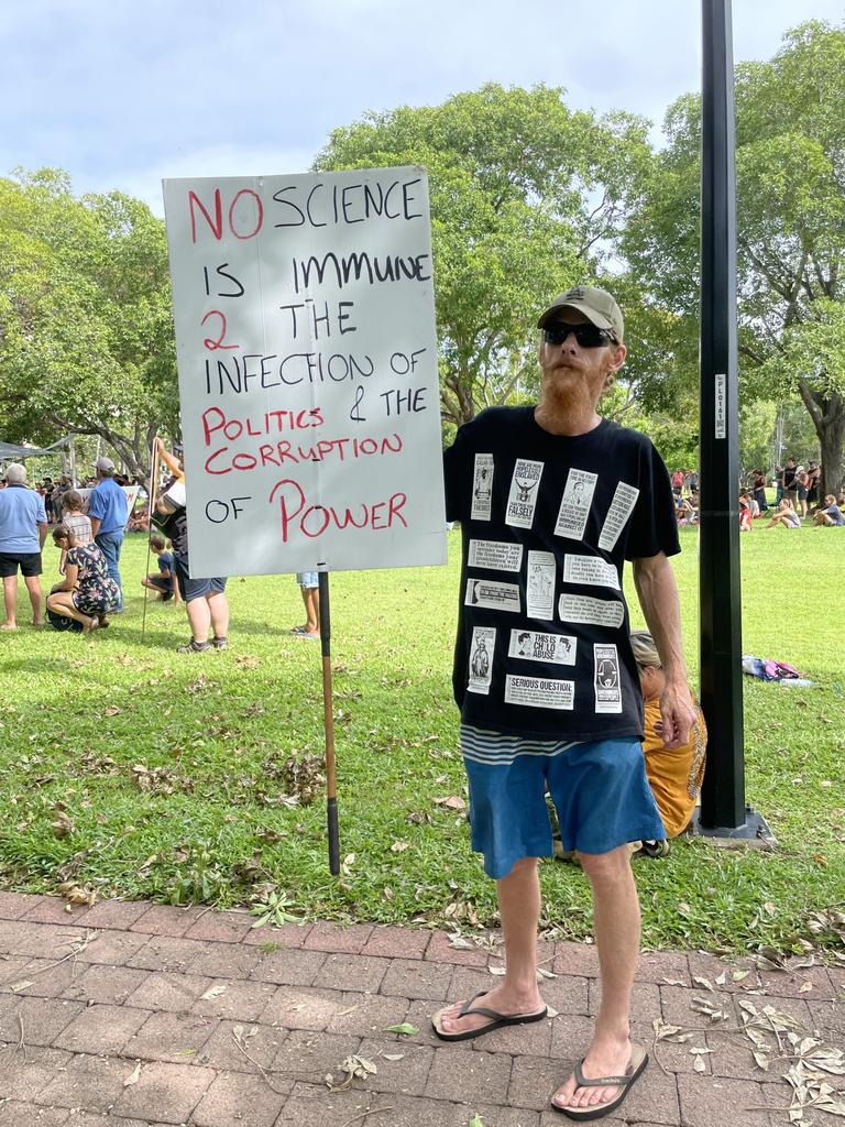 Protesters march through Darwin’s CBD against vaccination mandates on January 15, 2022. Picture: Thomas Morgan