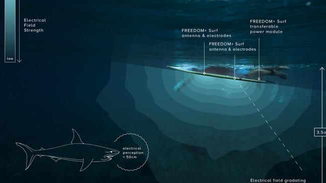 The Shark Shield beach barrier would have cables hanging from the surface that emit electrical pulses that sharks – including Great Whites – are sensitive too and make them turn away. Shown is how it works on a surfboard. Picture: Ocean Guardian.