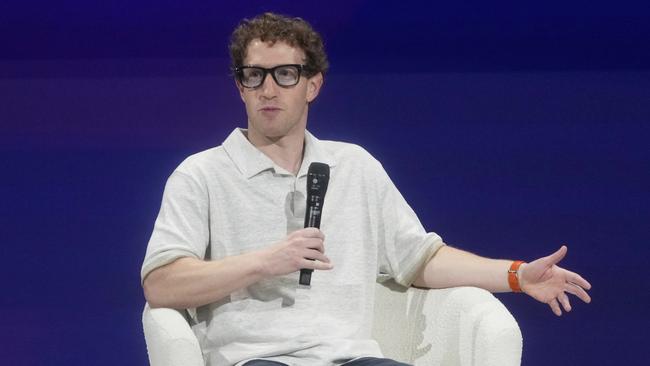 Meta Founder and CEO Mark Zuckerberg speaks at LlamaCon 2025, an AI developer conference, in Menlo Park, California. Picture: AP Photo/Jeff Chiu