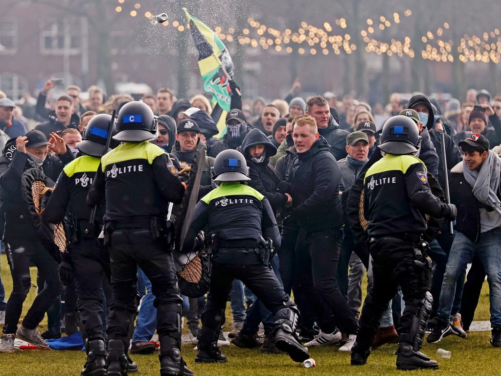 Riot police clashes with protesters during a demonstration in Amsterdam, Netherlands, against the government's coronavirus measures. Picture: AFP / Netherlands OUT