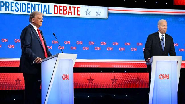 US President Joe Biden and former US President and Republican presidential candidate Donald Trump participate in the first presidential debate of the 2024 elections at CNN's studios in Atlanta, Georgia, on June 27, 2024. (Photo by ANDREW CABALLERO-REYNOLDS / AFP)