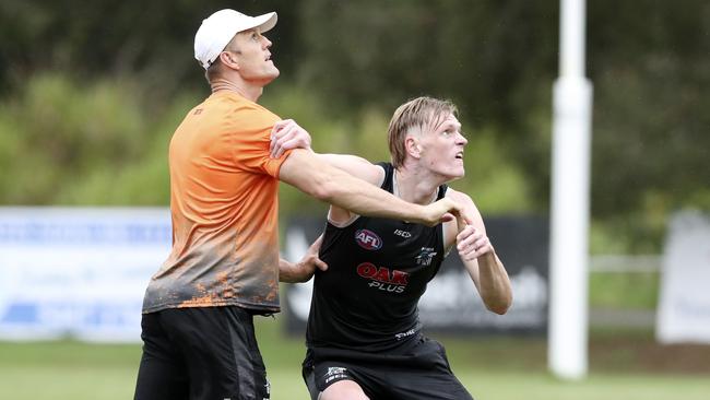 Port Adelaide ruck coach Dean Brogan working with Sam Hayes last year. Picture: SARAH REED