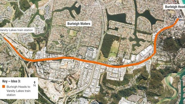 Proposed western Gold Coast light rail spur line from Burleigh Heads to Varsity Lakes. Picture supplied by Gold Coast City Council.