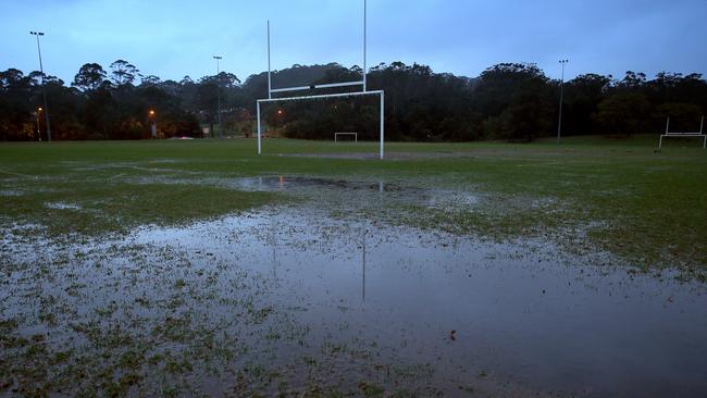 Duffy's Oval at Terrigal was like many local sports fields to be affected by the massive storm that hit the Central Coast on Sunday. Picture: Troy Snook