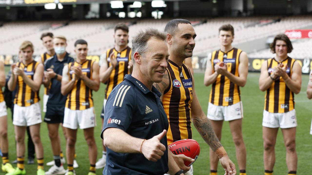 Alastair Clarkson and Shaun Burgoyne leave the MCG for their last game with Hawthorn.