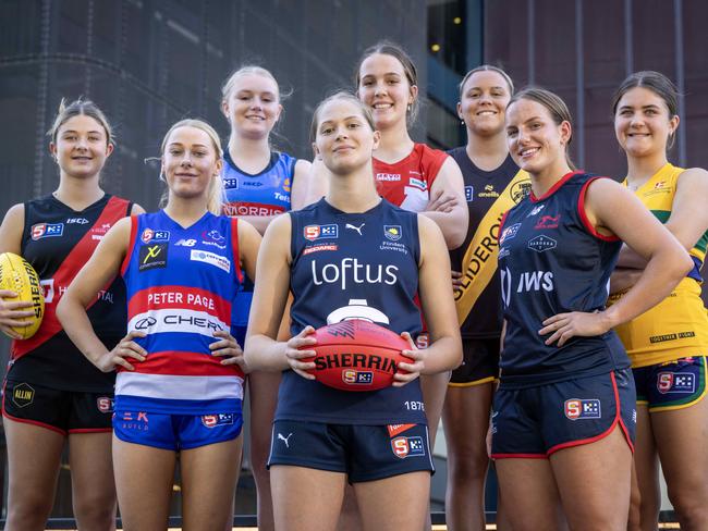 February 15, 2025: SANFLW rising stars Emma Kilpatrick (West Adelaide), Mikaylah Antony (CentralÃs), Monique Bessen (Sturt), Lily Baxter (South Adelaide), Polly Turner (North Adelaide),  Candice Belbin (Norwood), Kiahni Russell (Glenelg) and Lucy Moore (Eagles). Picture: Kelly Barnes