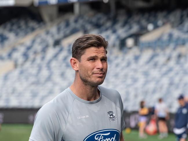 Tom Hawkins can become the games record holder for Geelong in 2024. Picture: Brad Fleet