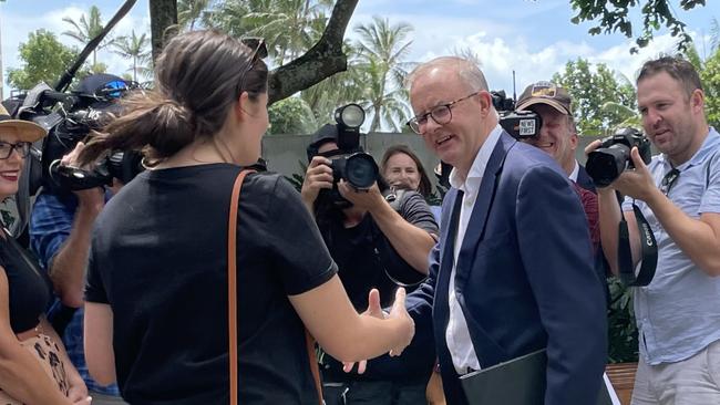 ALP leader Anthony Albanese, stopped to speak Cairns resident Billi LansKy, 24, after the media conference in Fig Tree Park. Picture: Alison Paterson