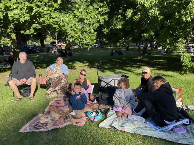 Merindah, Shelly, Michael and Raoul Graham &amp; kids at Treasury Gardens in the Melbourne CBD for the 2024 New Year's Eve fireworks. Picture: Gemma Scerri