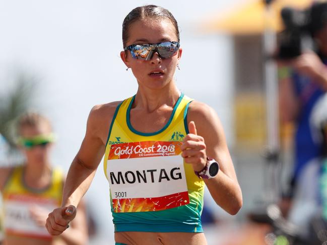 Australia's Jemima Montag competes in the athletics women's 20m race walk final during the 2018 Gold Coast Commonwealth Games on the Gold Coast on April 8, 2018. / AFP PHOTO / Adrian DENNIS