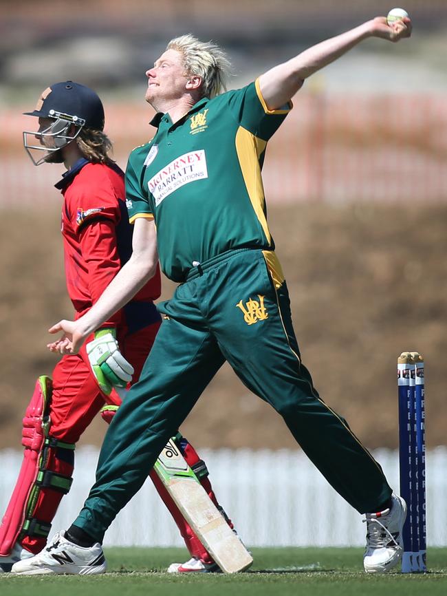 Woodville bowler, Tom Andrews against East Torrens. Picture: AAP Image/Dean Martin