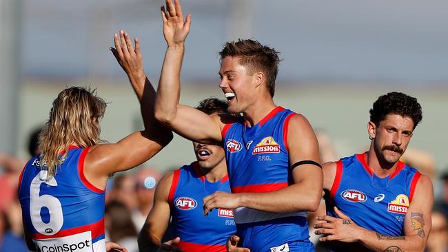 Josh Schache (middle) is likely to be playing for a third club next season because of a logjam of talls in front of him at the Bulldogs. Picture: Getty Images