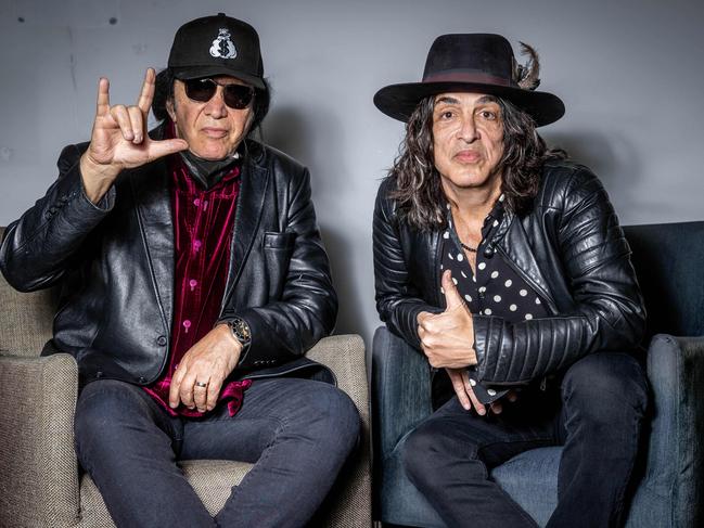 Gene Simmons (left) and Paul Stanley upon arrival in Australia. Picture: Jake Nowakowski
