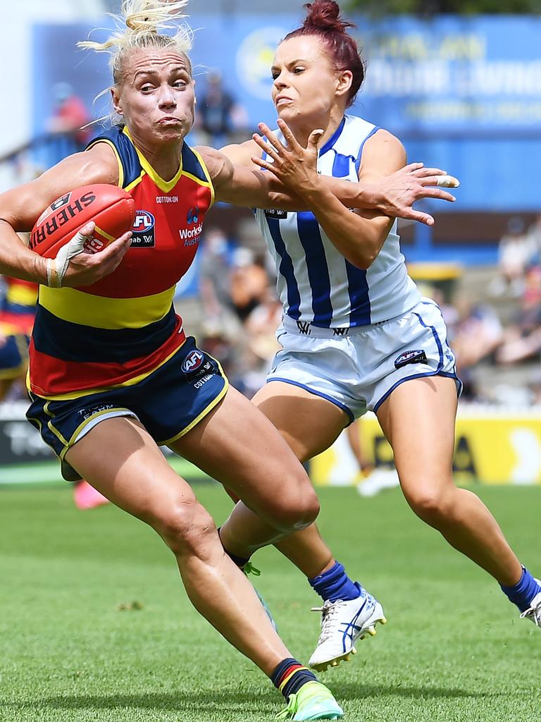 Erin Phillips takes on North Melbourne’s Jenna Bruton in their 2022 clash. Picture: Getty Images