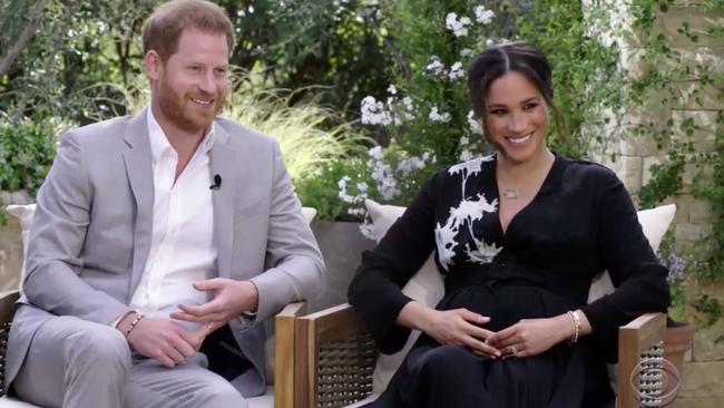 Prince Harry and Meghan Markle talk to Oprah Winfrey. Picture: CBS.