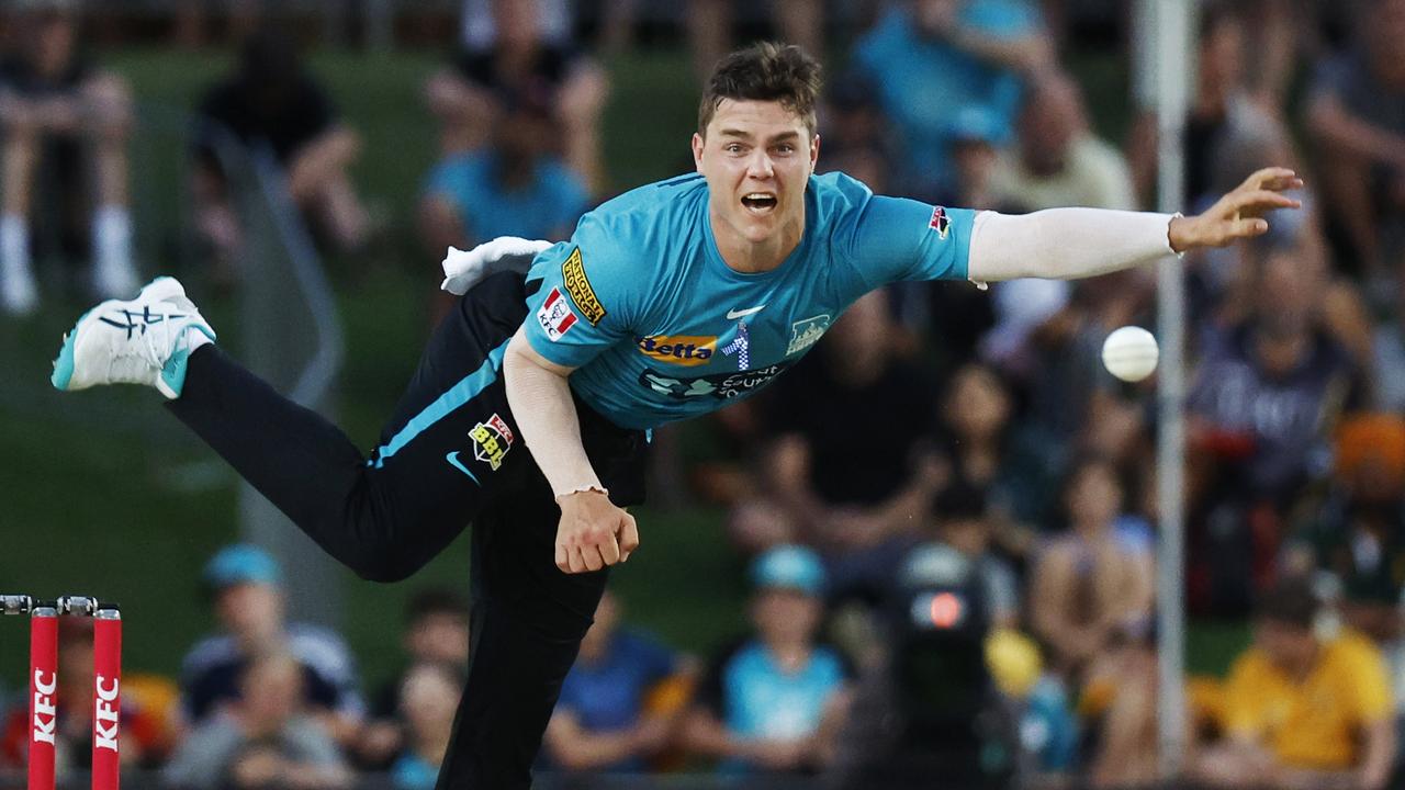 Mitch Swepson bowls in the Big Bash League Twenty20 cricket match between the Brisbane Heat and the Melbourne Renegades at Cazalys Stadium. Picture: Brendan Radke