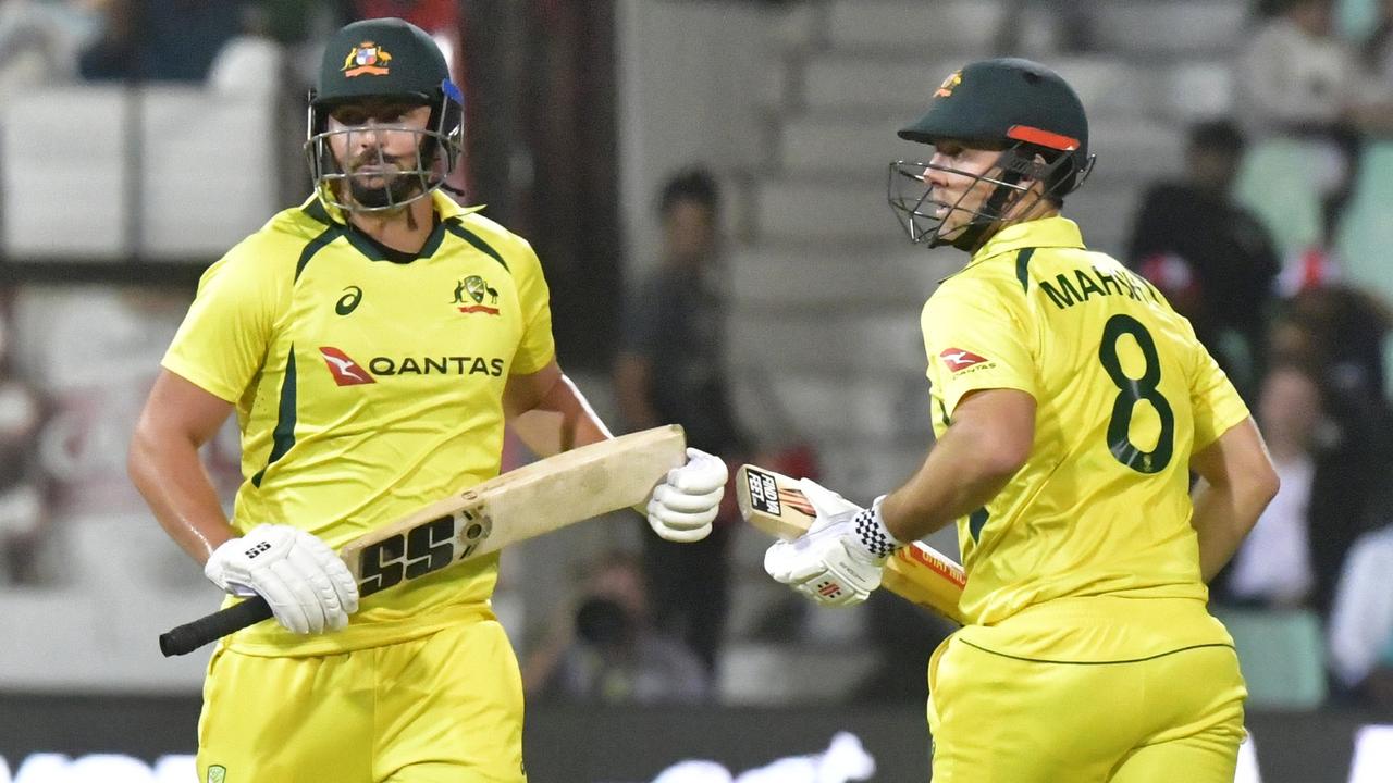 Mitch Marsh and Tim David put on 107 for Australia. Picture: Sydney Seshibedi/Gallo Images/Getty Images