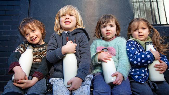 East West childcare centre uses milk from St David Dairy. The kids walk around to the dairy and pick up their milk which is in glass bottles. From left, Lucien, 3, Huon, 4, Claude, 3, Lina, 3. Picture: Mark Stewart