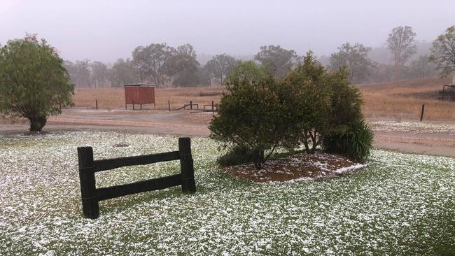 SOCIAL MEDIA IMAGE DISCUSS USE WITH YOUR EDITOR – The property called "Kerwee", located 2hrs west of Bundaberg was coated in hailstones. Supplied: Trudie Payne