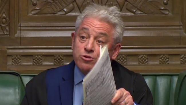 Speaker John Bercow used a convention last used 105 years ago to refuse to allow Theresa May to bring back her withdrawal bill for a third vote. Picture: AFP