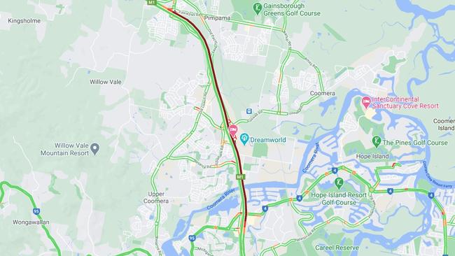 Traffic on the M1 near Hope Island after two trucks crashed at 10.30am. Photo: Google Maps