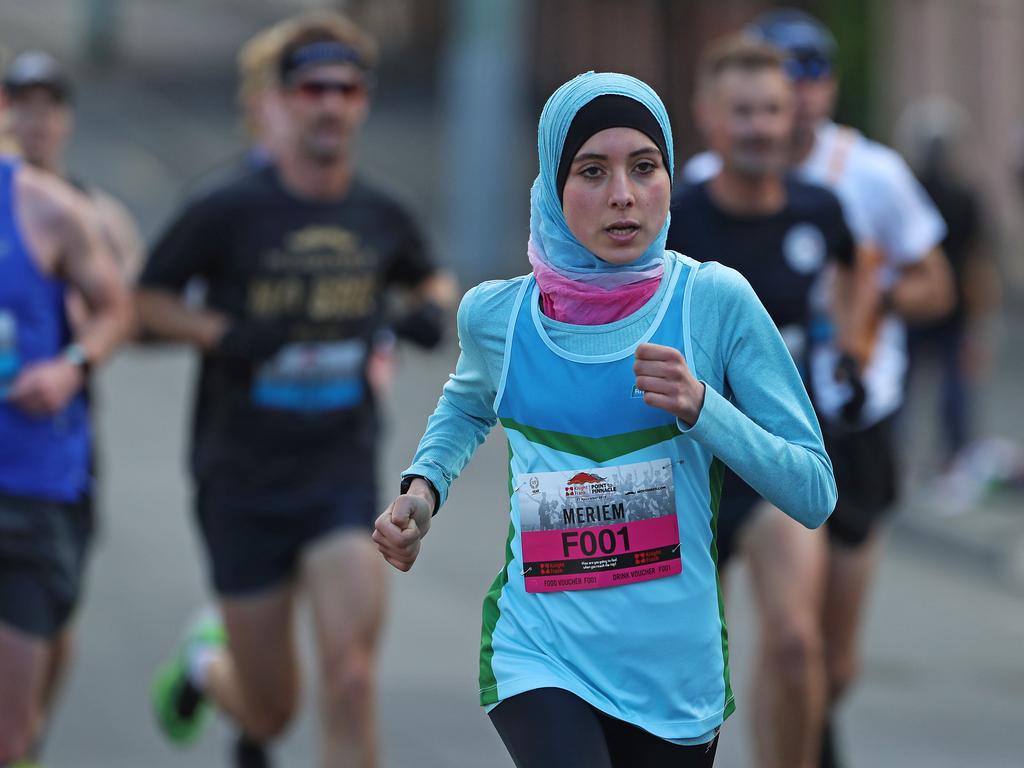 2018 women's winner Miriem Daoui running in the 2019 Point to Pinnacle. Picture: LUKE BOWDEN