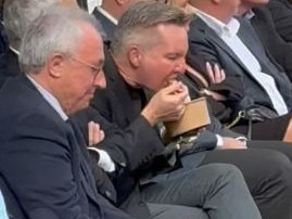 Screen grabs of a video showing Chris Bowen MP eating a bowl of pasta during mass at Club Marconi in Sydney., Picture: Supplied