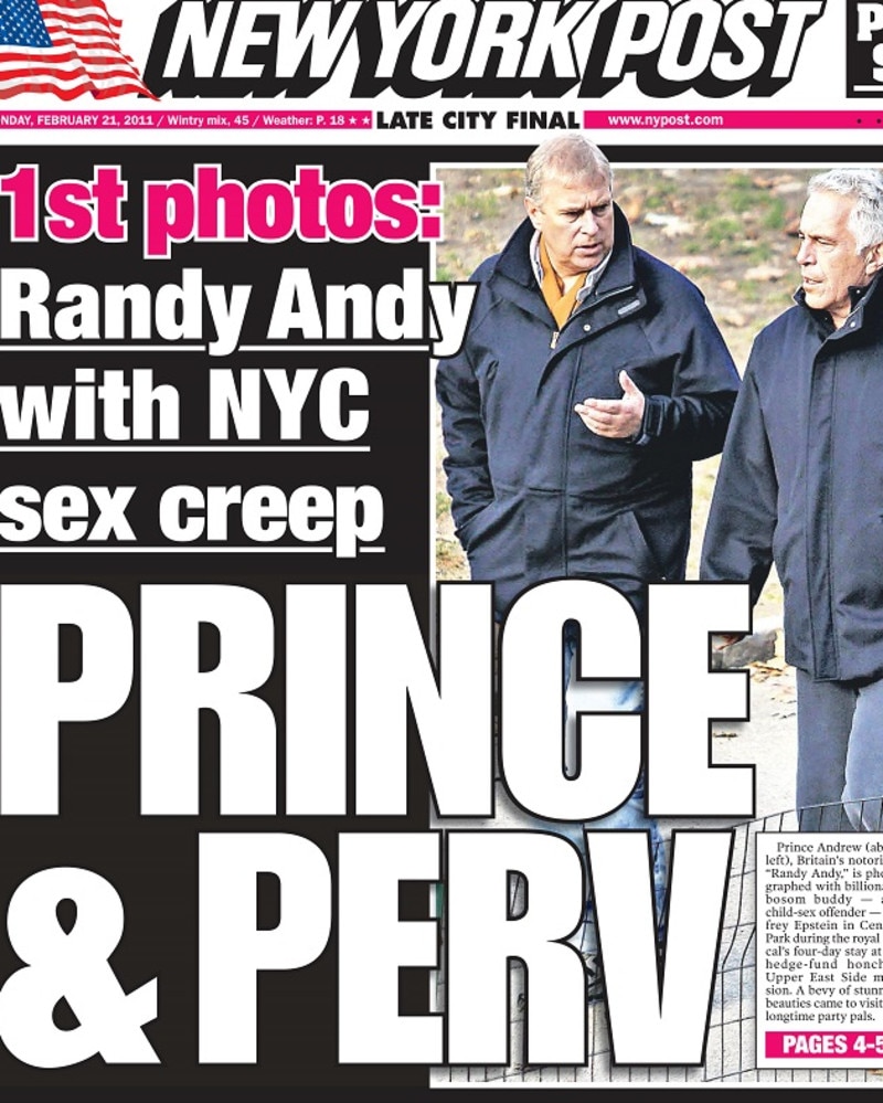 The New York Post’s story on Prince Andrew and Jeffrey Epstein on February 21, 2011.