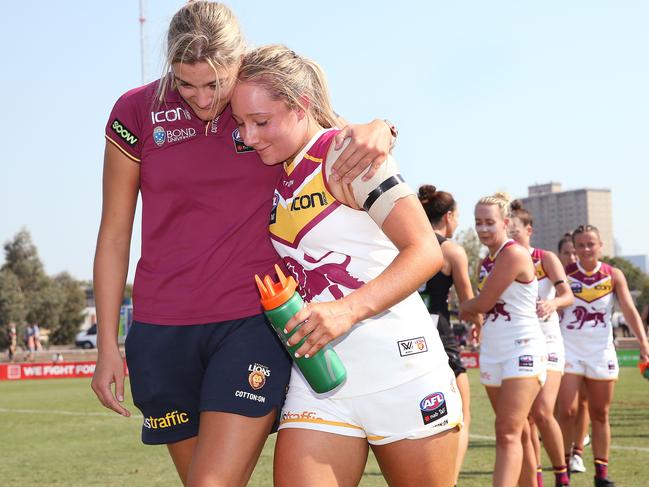 Jacqui Yorston is consoled after Brisbane’s loss to Collingwood. Picture; Getty Images