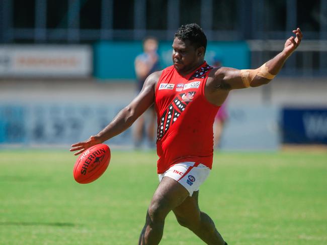 Austin Wonaeamirri as Darwin Buffaloes V The Tiwi Bombers at TIO Stadium Darwin. Pic Glenn Campbell