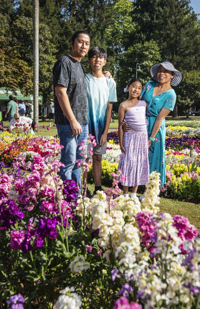 Marvin and Gieselle Lim with their kids Gavin and Briana in Queens Park for Carnival of Flowers, Saturday, September 21, 2024. Picture: Kevin Farmer